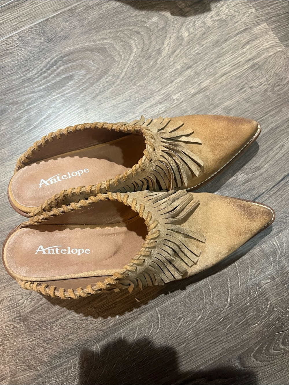 Antelope Women's Tan Suede Fringe Slip-On Mules with Braided Edge